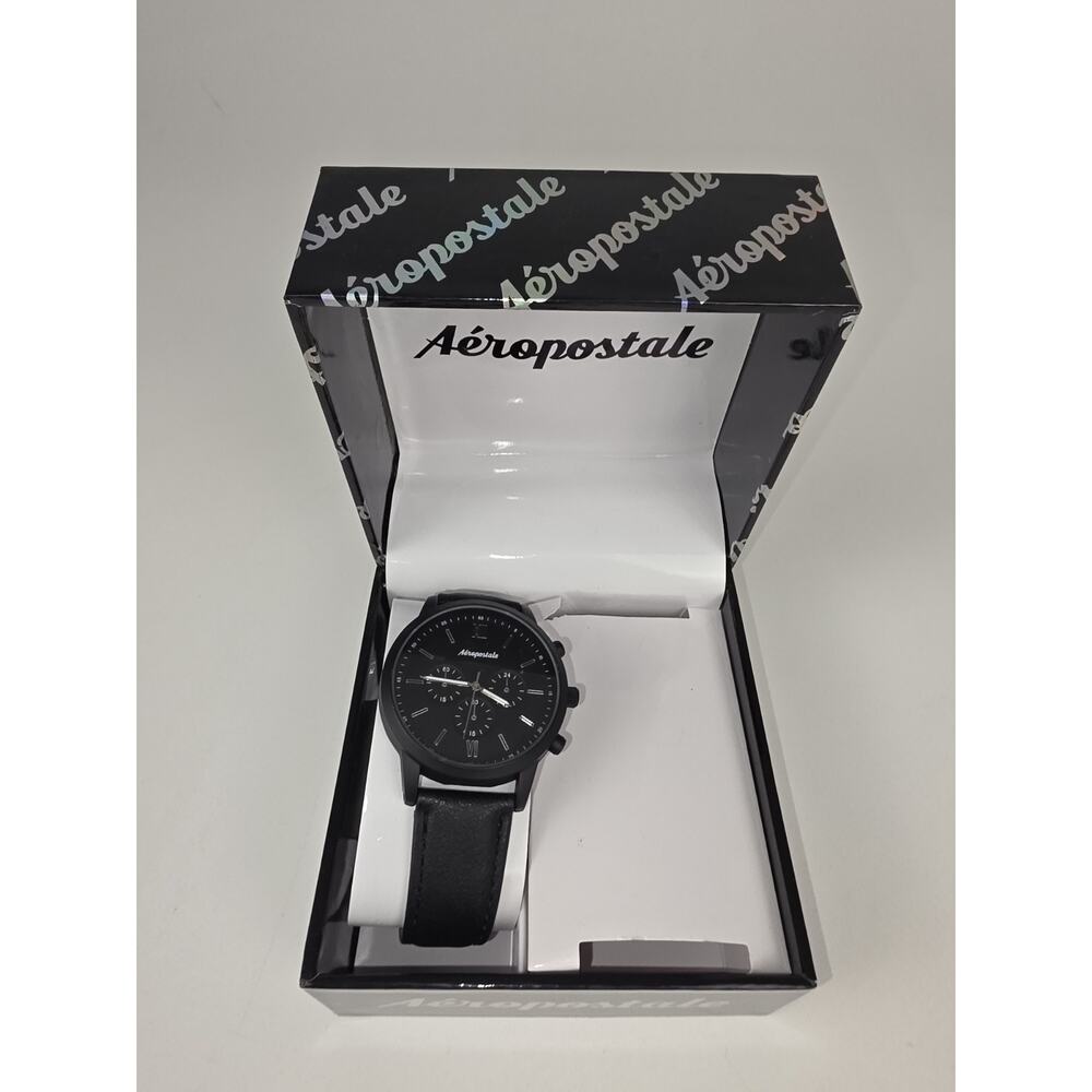 Aeropostale Men's Black Faux Leather Strap Analog Watch Comes with Box NEW